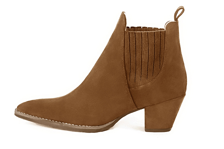 Caramel brown women's ankle boots, with elastics. Tapered toe. Medium cone heels. Profile view - Florence KOOIJMAN
